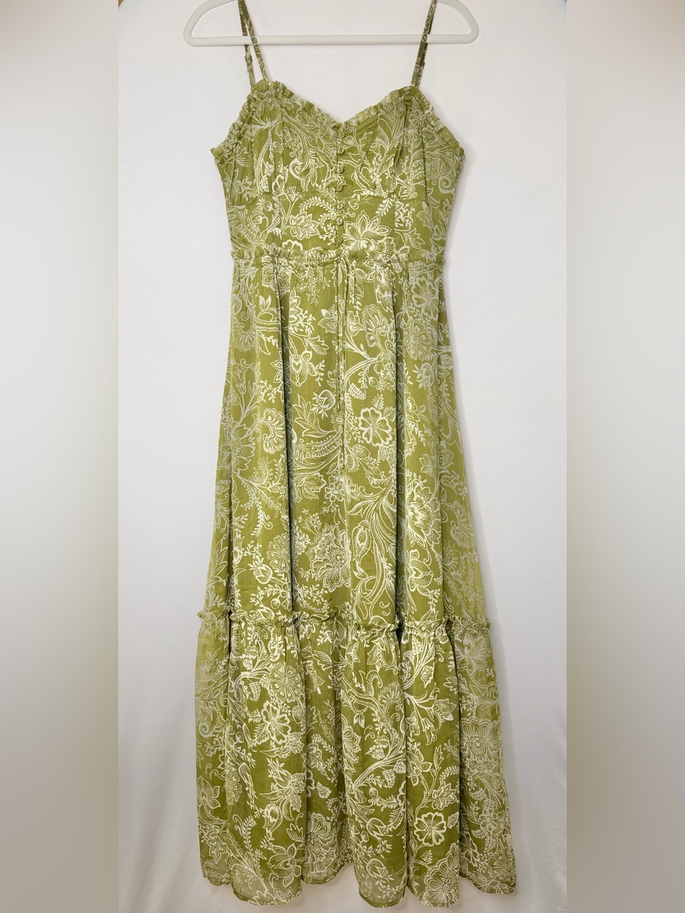 Patrons of Peace Olive Green Floral Smocked Bodice Tiered Maxi Dress